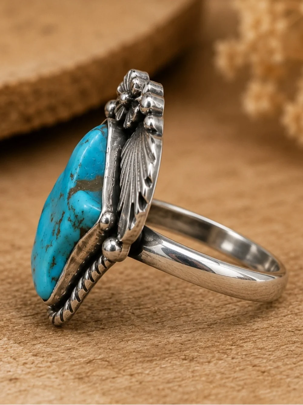 Turquoise Stone and Sterling Silver Floral Ring
